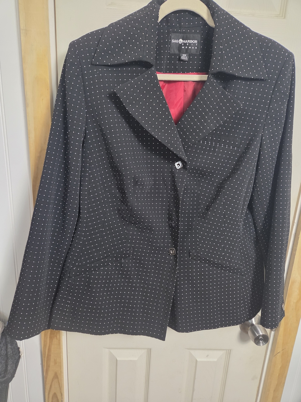 Vintage Sag Harbor Black Blazer with White Microdots and Red Lining #0414